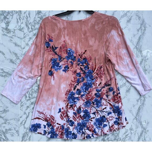 JM Collection 1X Cotton Candy CB Floral Print 3/4 Sleeve Top - Picture 2 of 7